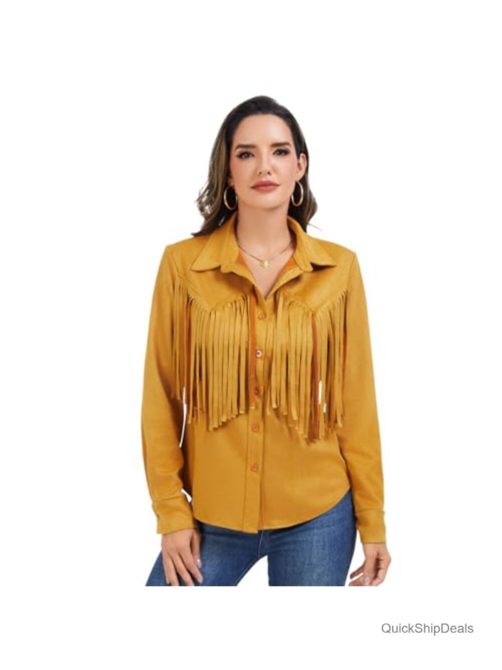 Faux Suede Fringe Button-Down Shirt Western Cowboy Long Sleeve Blouse